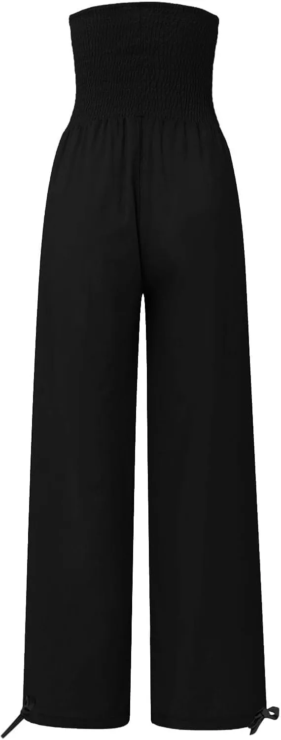NaRHbrg Linen Pants Women Summer Wide Leg Flowy Beach Palazzo Pants High Waisted Drawstring Casual Trousers with Pockets