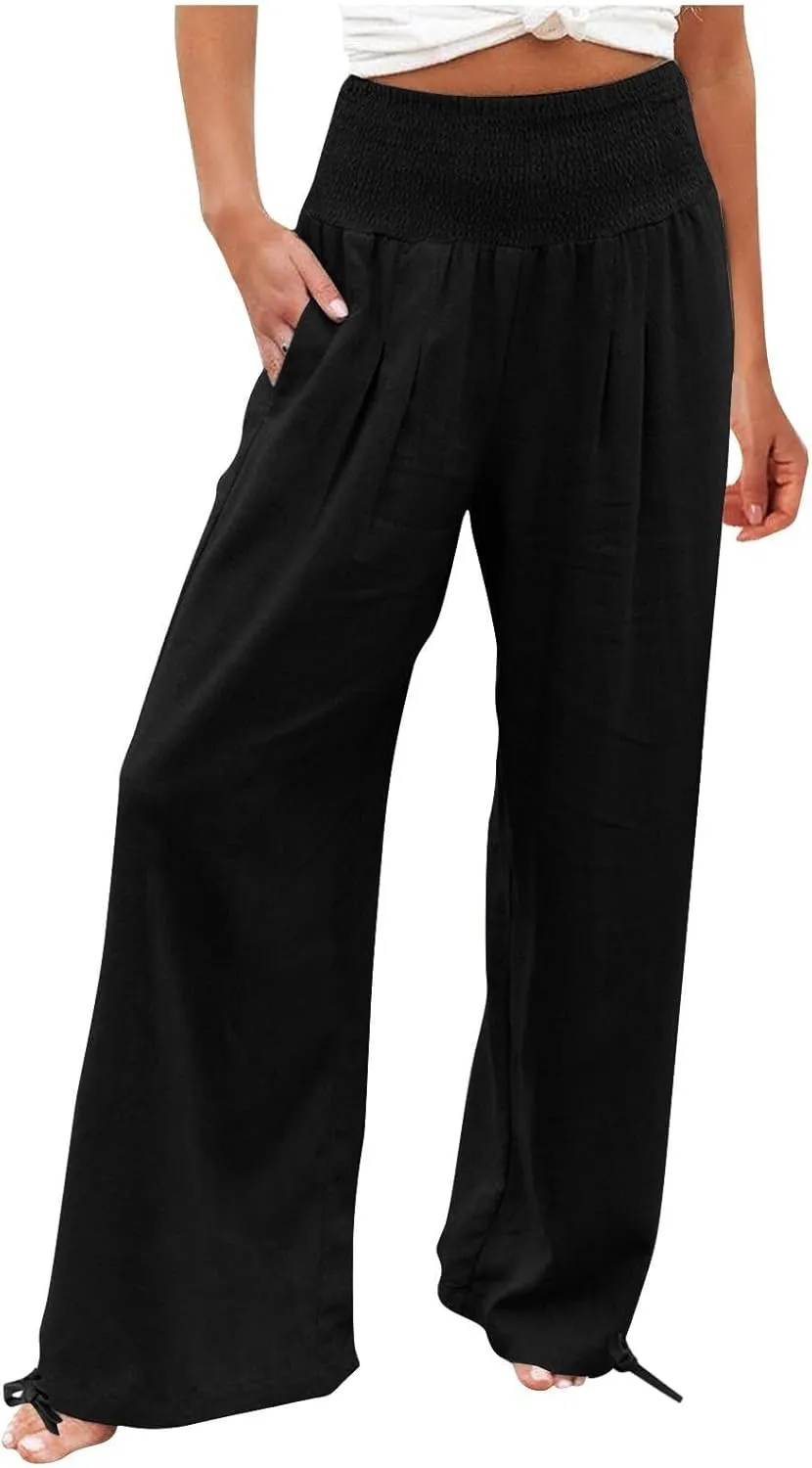 NaRHbrg Linen Pants Women Summer Wide Leg Flowy Beach Palazzo Pants High Waisted Drawstring Casual Trousers with Pockets