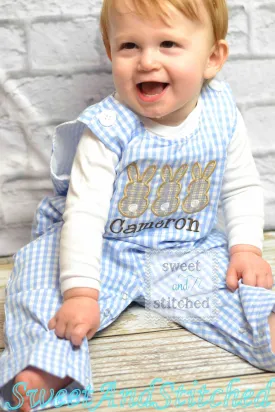 Personalized Boys Easter outfit with bunny design and name - Baby Boy Easter Outfit, Easter overalls, Easter monogrammed Longall outfit