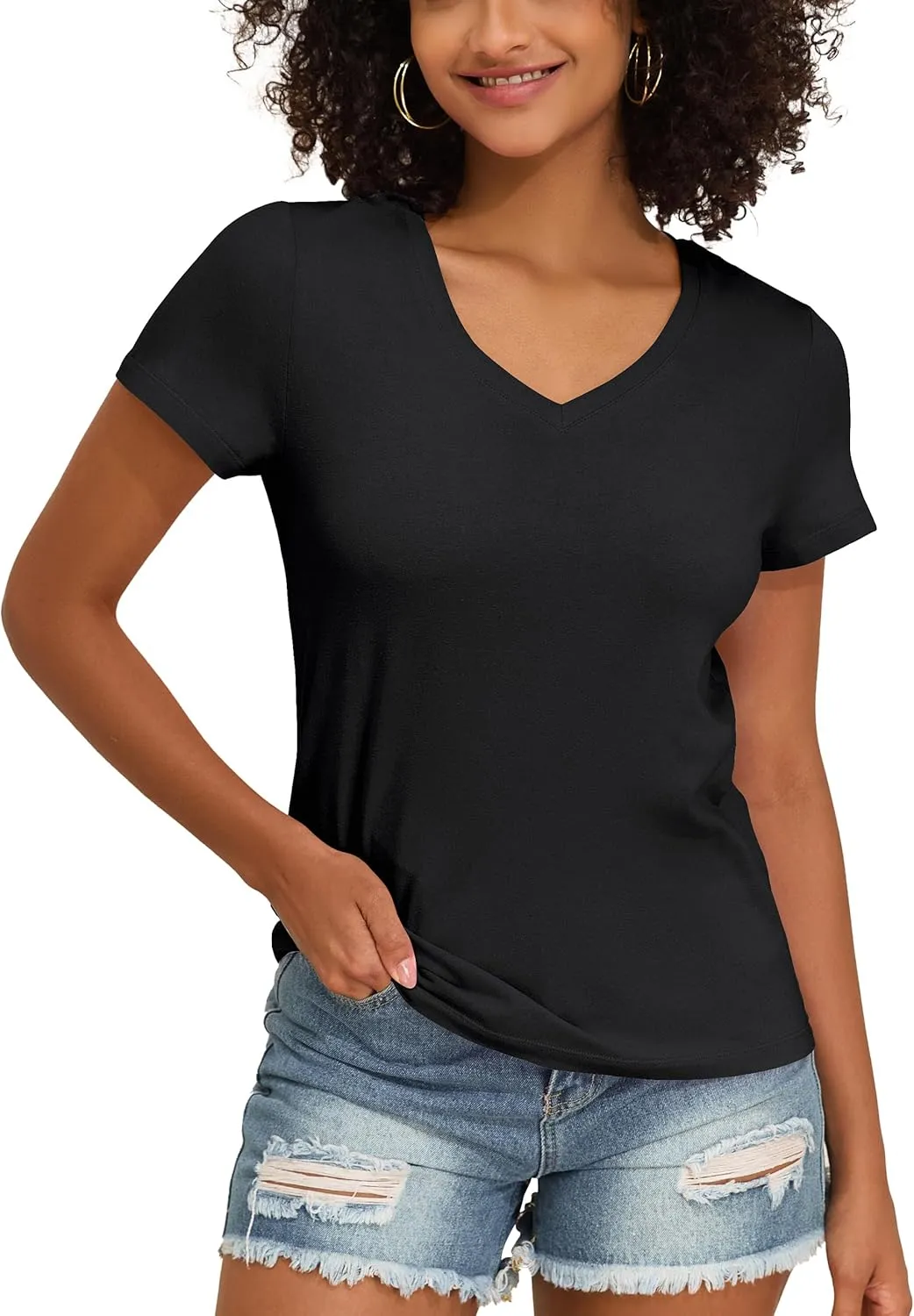 PrettyGuide Women's Tops Cotton Jersey Short Sleeve V Neck T Shirts Trendy Casual Loose Fit Summer Basic Cotton Tops Tee