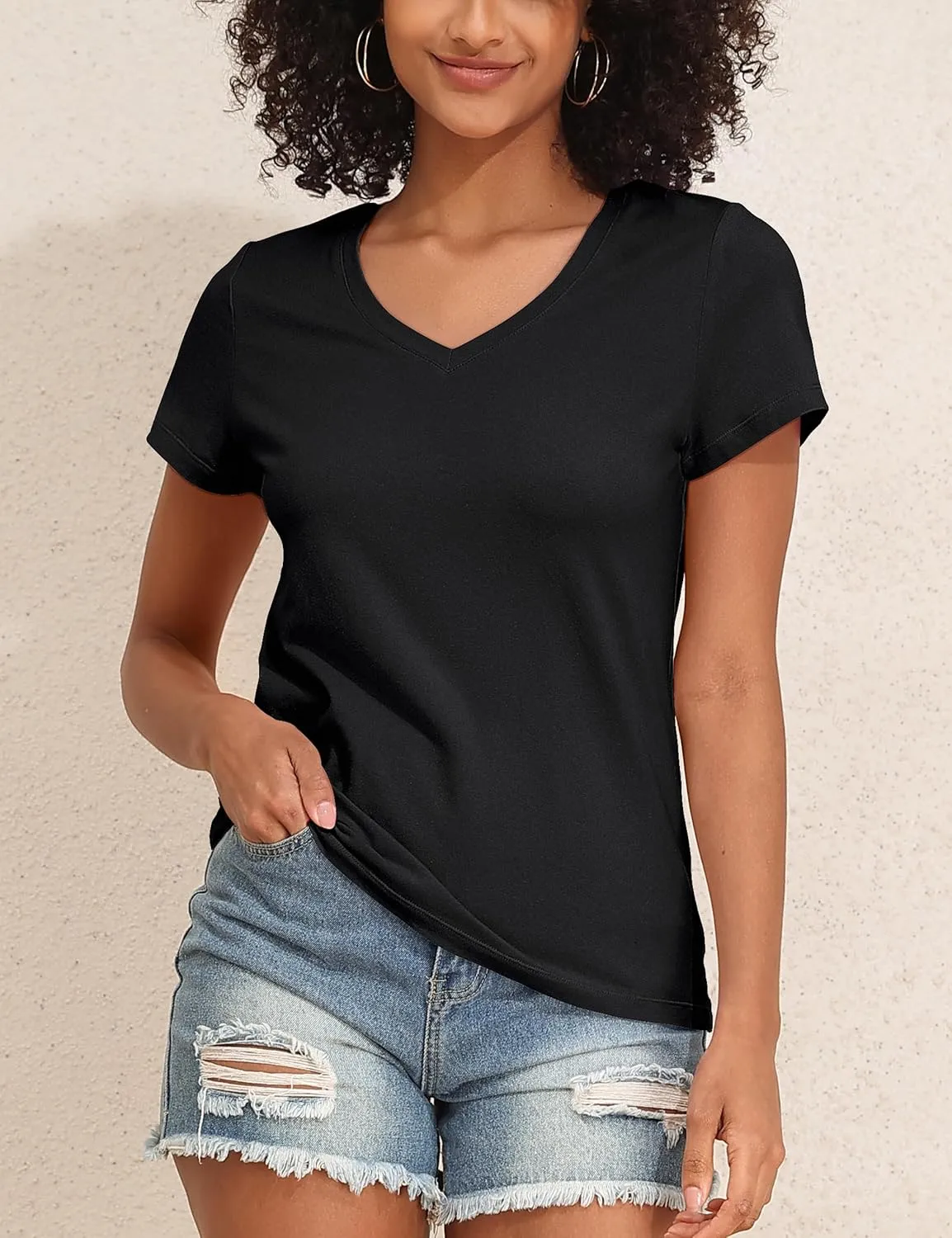 PrettyGuide Women's Tops Cotton Jersey Short Sleeve V Neck T Shirts Trendy Casual Loose Fit Summer Basic Cotton Tops Tee