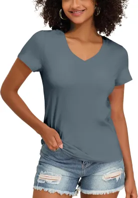 PrettyGuide Women's Tops Cotton Jersey Short Sleeve V Neck T Shirts Trendy Casual Loose Fit Summer Basic Cotton Tops Tee