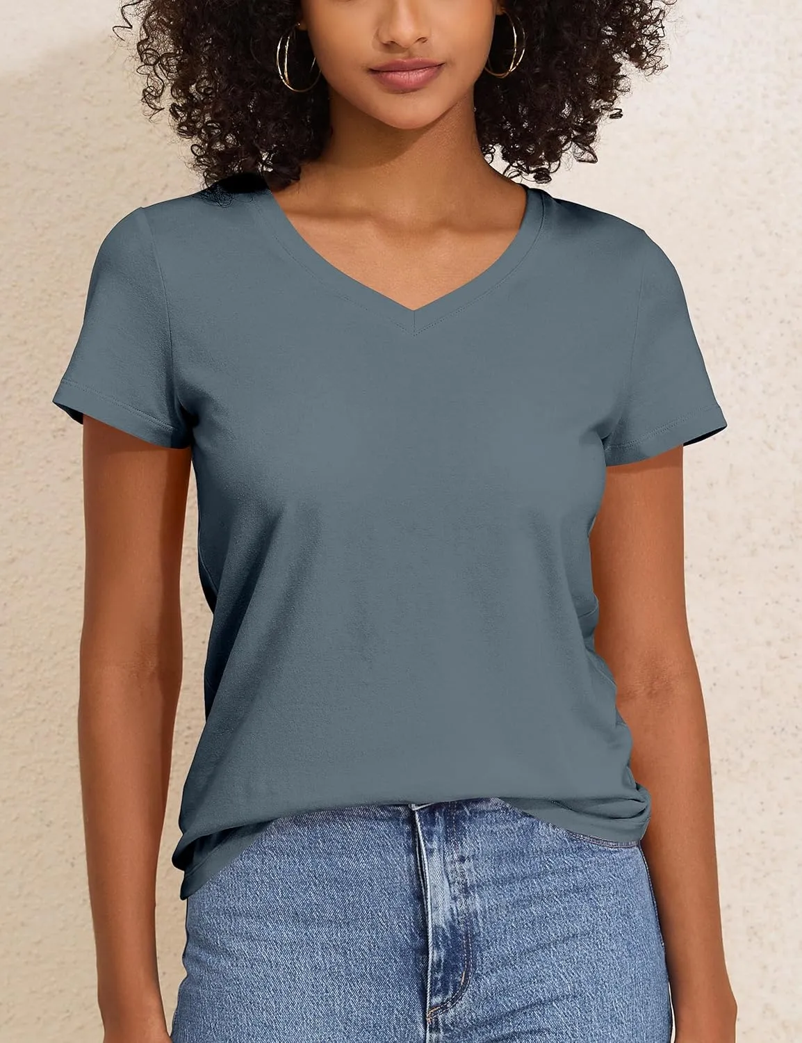 PrettyGuide Women's Tops Cotton Jersey Short Sleeve V Neck T Shirts Trendy Casual Loose Fit Summer Basic Cotton Tops Tee