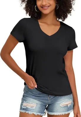 PrettyGuide Women's Tops Cotton Jersey Short Sleeve V Neck T Shirts Trendy Casual Loose Fit Summer Basic Cotton Tops Tee