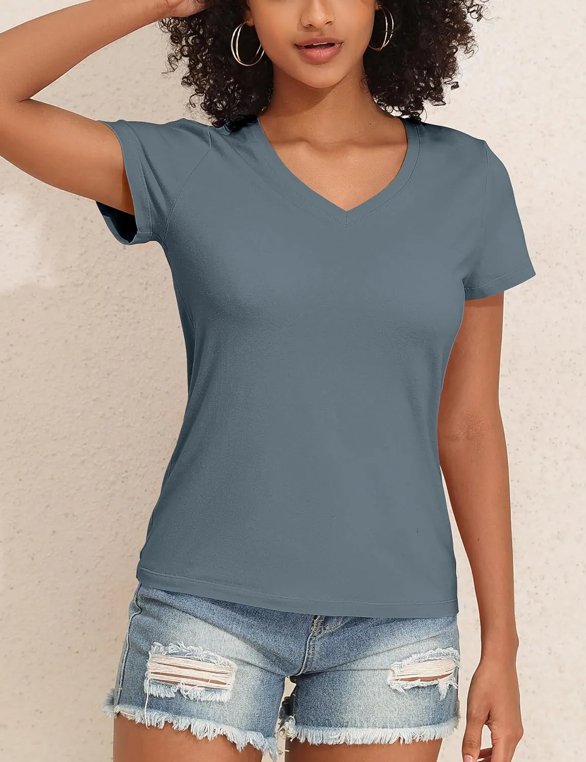 PrettyGuide Women's Tops Cotton Jersey Short Sleeve V Neck T Shirts Trendy Casual Loose Fit Summer Basic Cotton Tops Tee