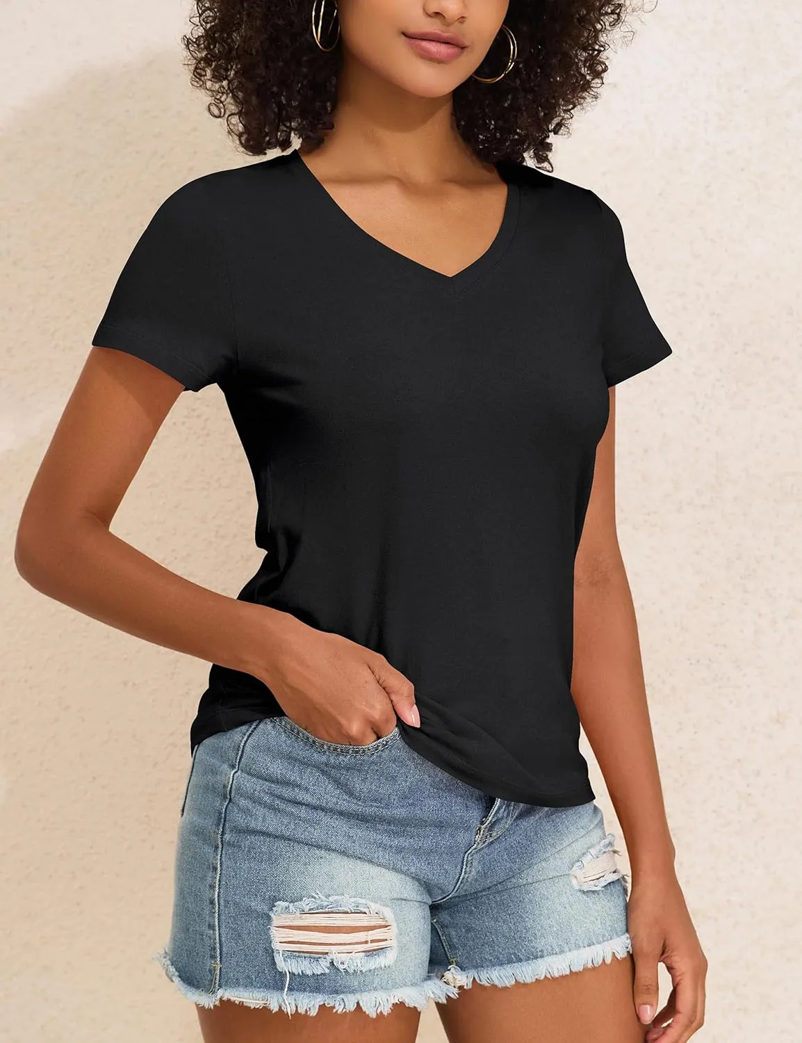 PrettyGuide Women's Tops Cotton Jersey Short Sleeve V Neck T Shirts Trendy Casual Loose Fit Summer Basic Cotton Tops Tee