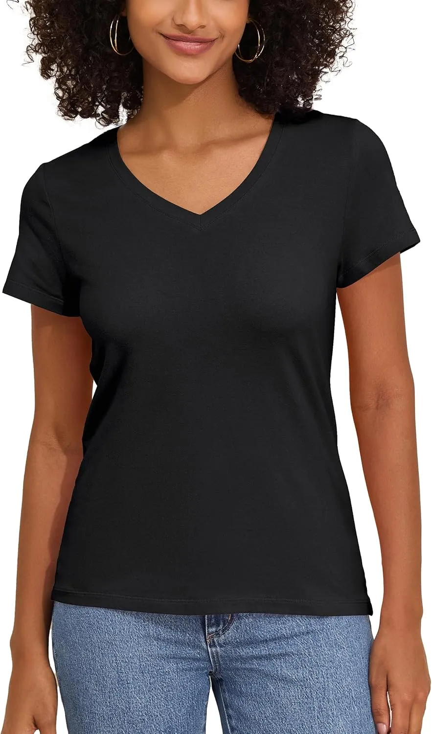 PrettyGuide Women's Tops Cotton Jersey Short Sleeve V Neck T Shirts Trendy Casual Loose Fit Summer Basic Cotton Tops Tee