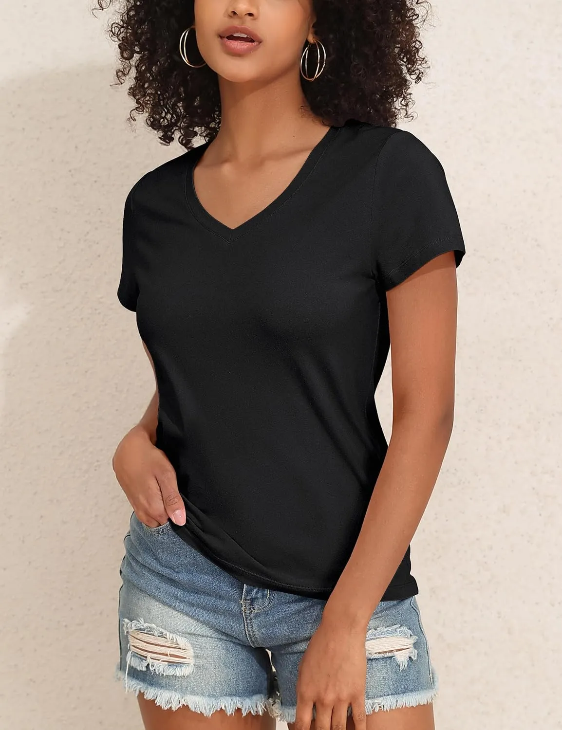 PrettyGuide Women's Tops Cotton Jersey Short Sleeve V Neck T Shirts Trendy Casual Loose Fit Summer Basic Cotton Tops Tee