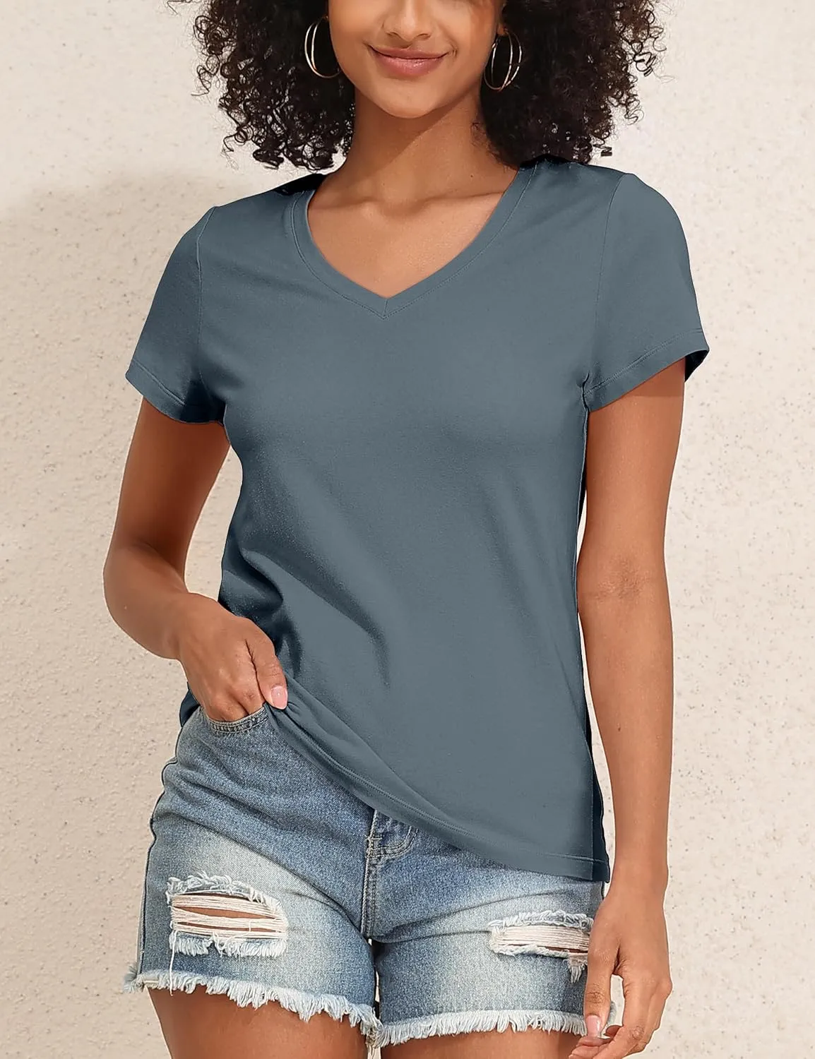 PrettyGuide Women's Tops Cotton Jersey Short Sleeve V Neck T Shirts Trendy Casual Loose Fit Summer Basic Cotton Tops Tee