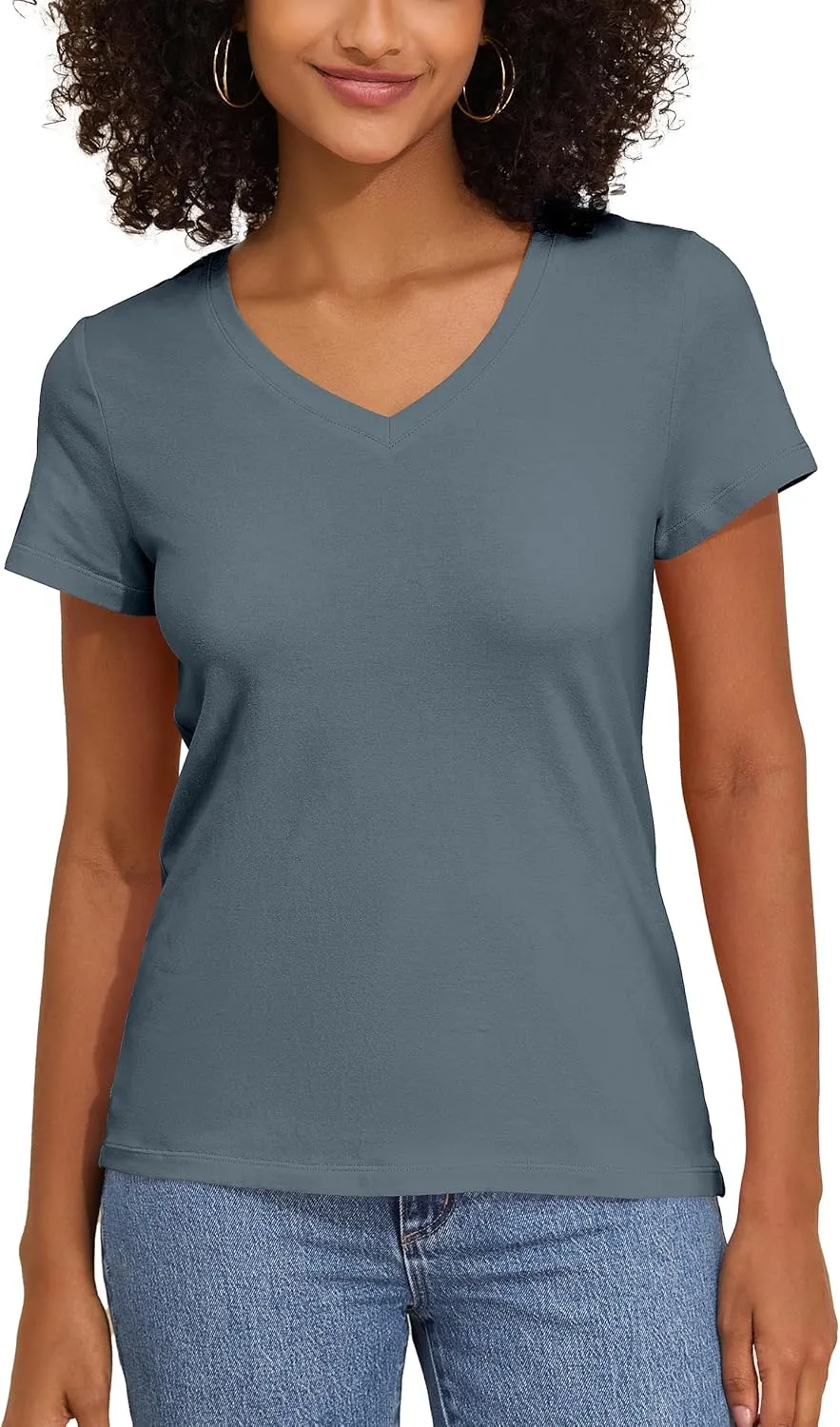 PrettyGuide Women's Tops Cotton Jersey Short Sleeve V Neck T Shirts Trendy Casual Loose Fit Summer Basic Cotton Tops Tee