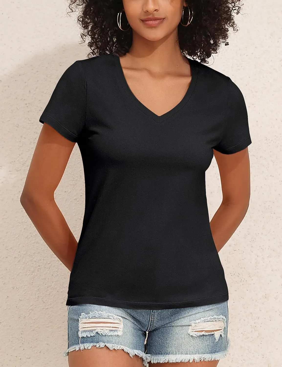 PrettyGuide Women's Tops Cotton Jersey Short Sleeve V Neck T Shirts Trendy Casual Loose Fit Summer Basic Cotton Tops Tee