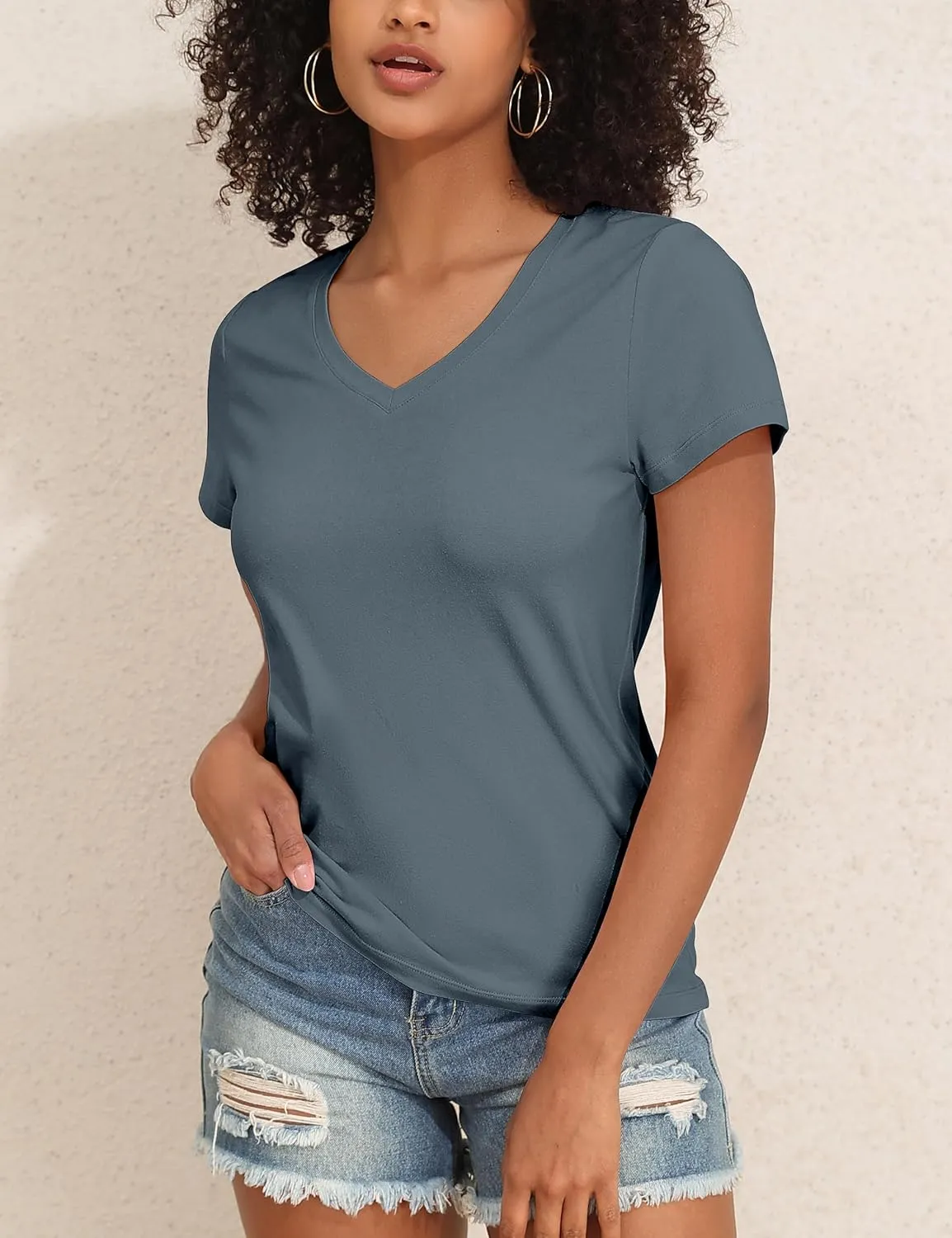 PrettyGuide Women's Tops Cotton Jersey Short Sleeve V Neck T Shirts Trendy Casual Loose Fit Summer Basic Cotton Tops Tee
