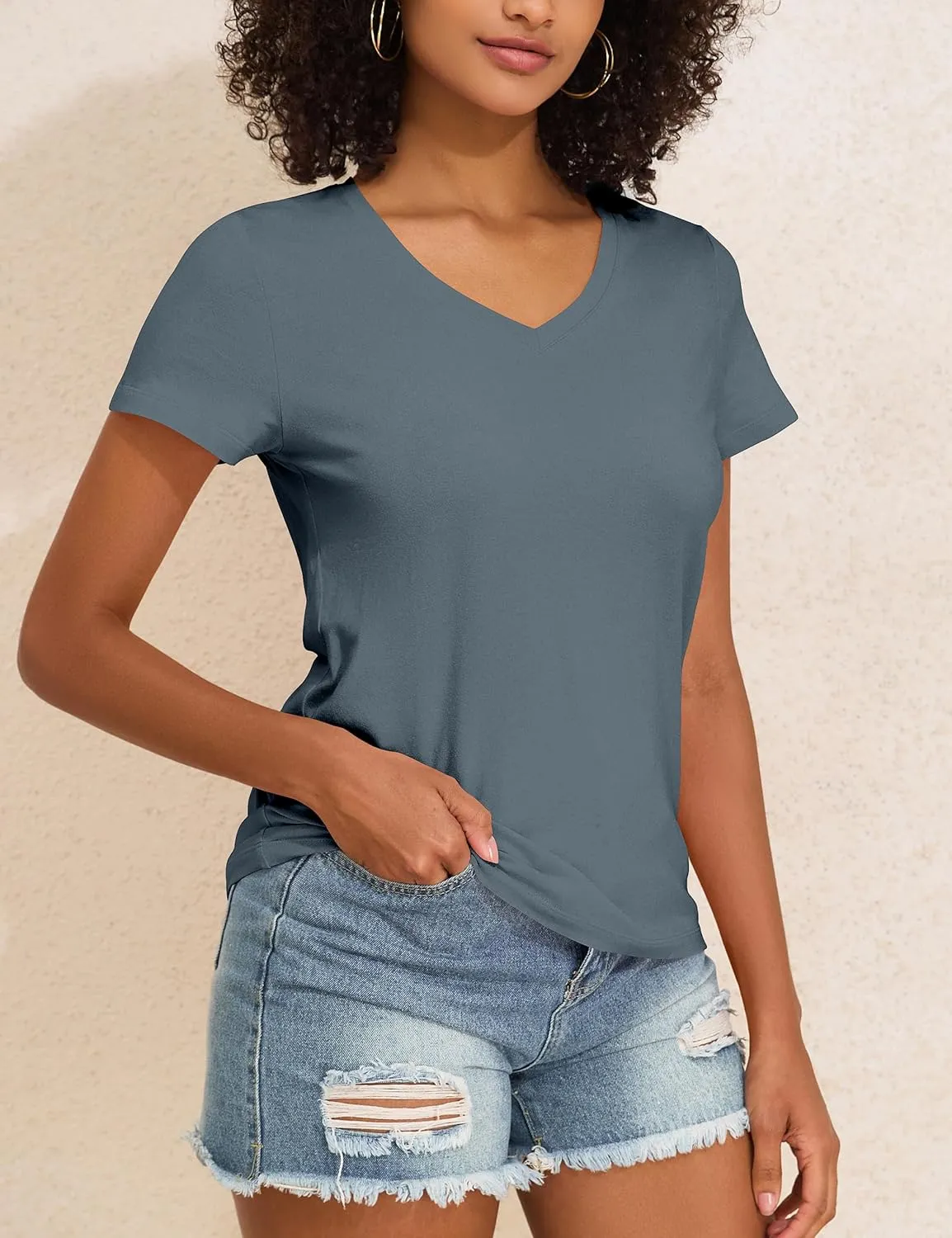 PrettyGuide Women's Tops Cotton Jersey Short Sleeve V Neck T Shirts Trendy Casual Loose Fit Summer Basic Cotton Tops Tee