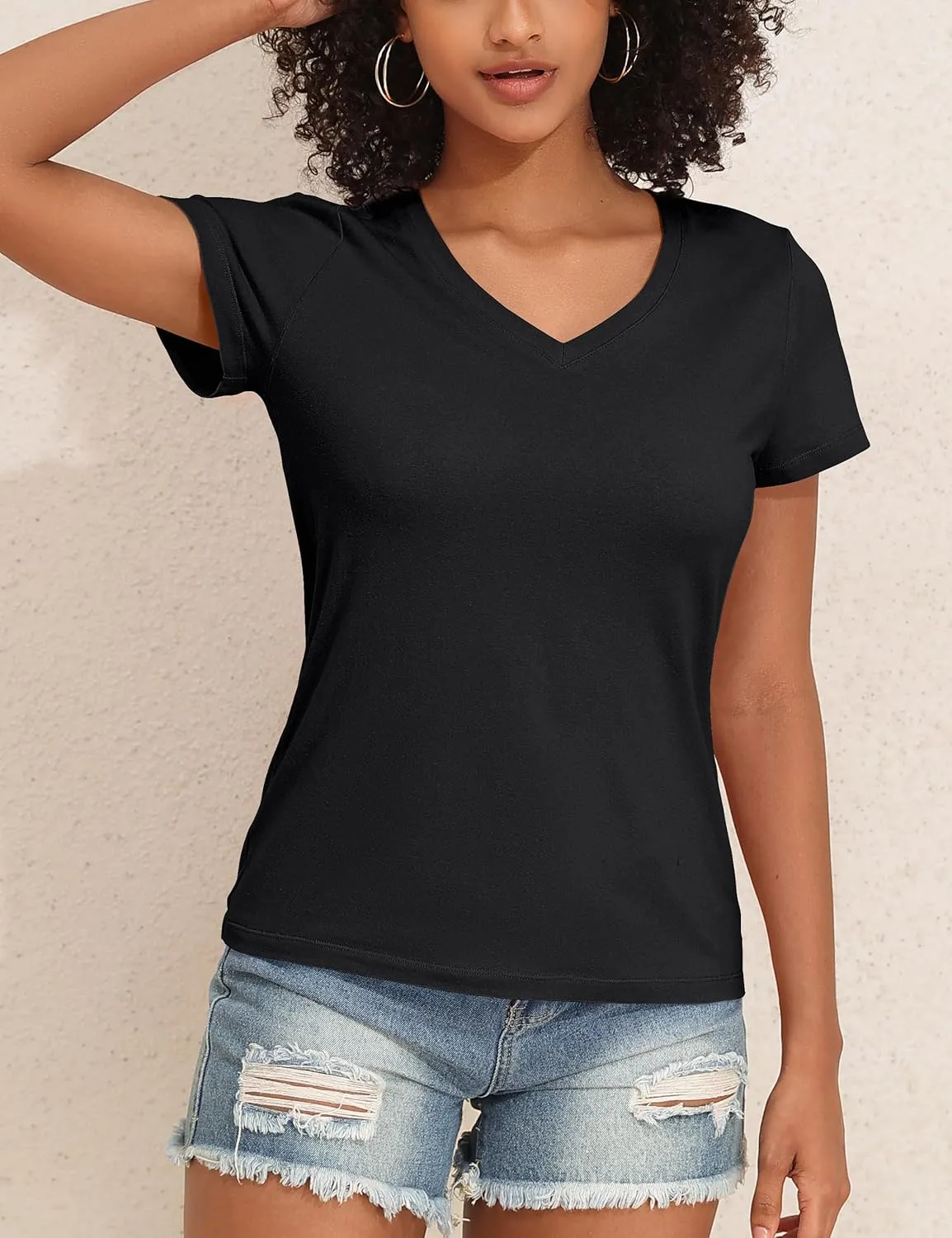 PrettyGuide Women's Tops Cotton Jersey Short Sleeve V Neck T Shirts Trendy Casual Loose Fit Summer Basic Cotton Tops Tee