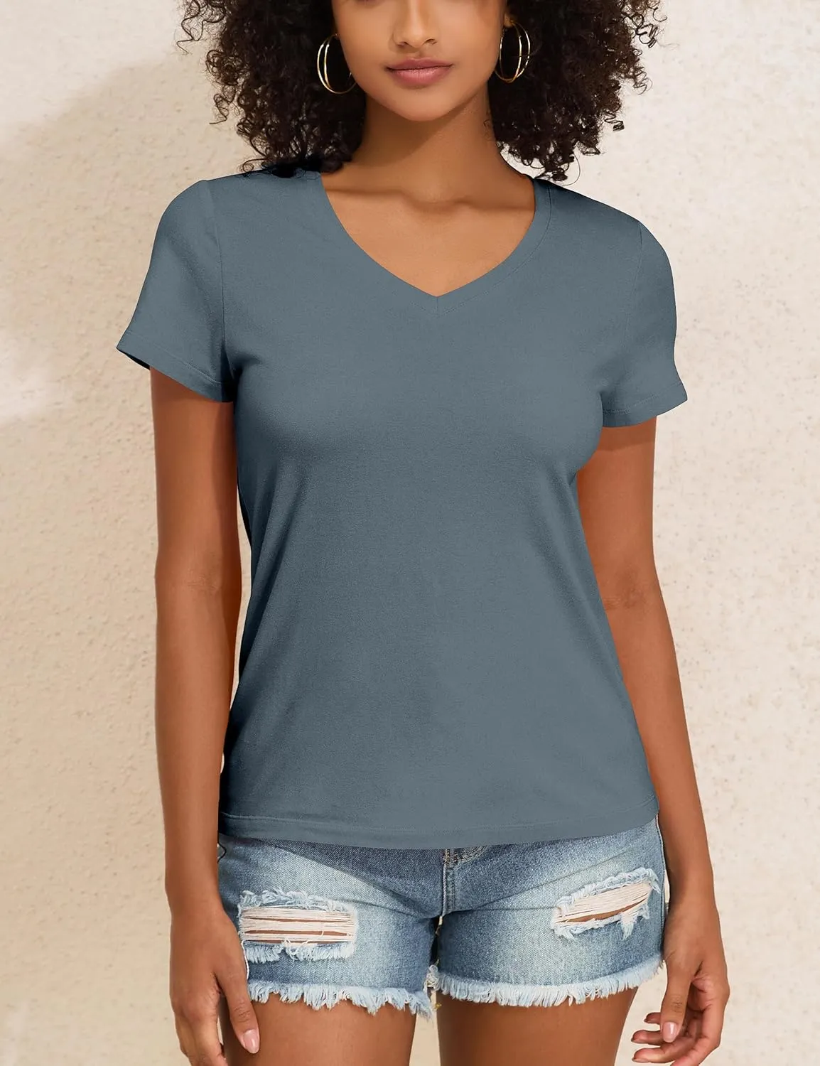 PrettyGuide Women's Tops Cotton Jersey Short Sleeve V Neck T Shirts Trendy Casual Loose Fit Summer Basic Cotton Tops Tee