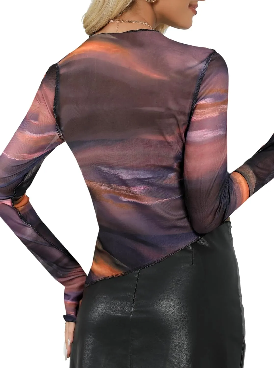 Remidoo Women's Mesh Top Long Sleeve Sheer Asymmetrical Crop Tops Patchwork Shirt Green Red Medium