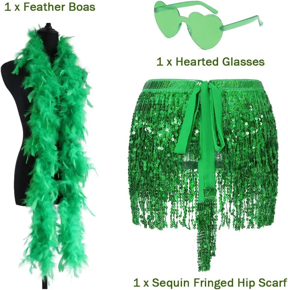 Sequin Skirt - Sequin Skirt for Women Fringe Skirt Belly Dance Rave Disco Cowgirl Sparkle Skirt, with Sunglasses   Boa