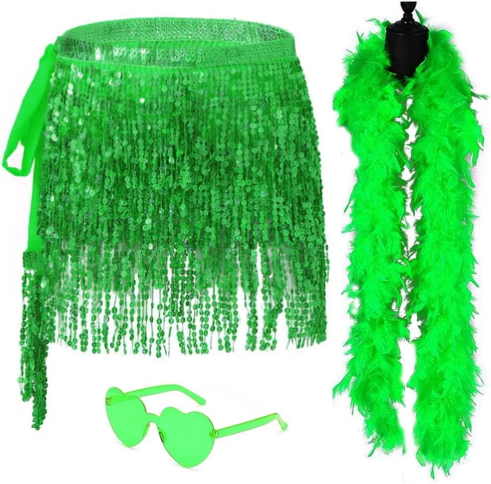 Sequin Skirt - Sequin Skirt for Women Fringe Skirt Belly Dance Rave Disco Cowgirl Sparkle Skirt, with Sunglasses   Boa
