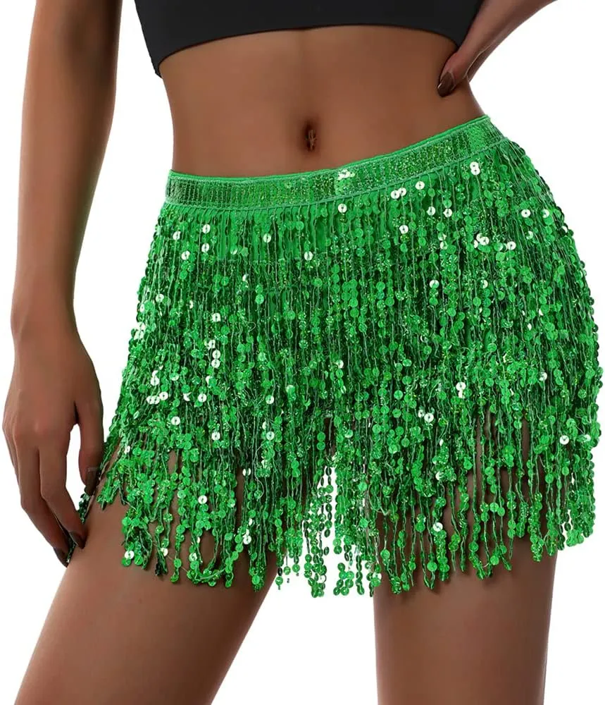 Sequin Skirt - Sequin Skirt for Women Fringe Skirt Belly Dance Rave Disco Cowgirl Sparkle Skirt, with Sunglasses   Boa