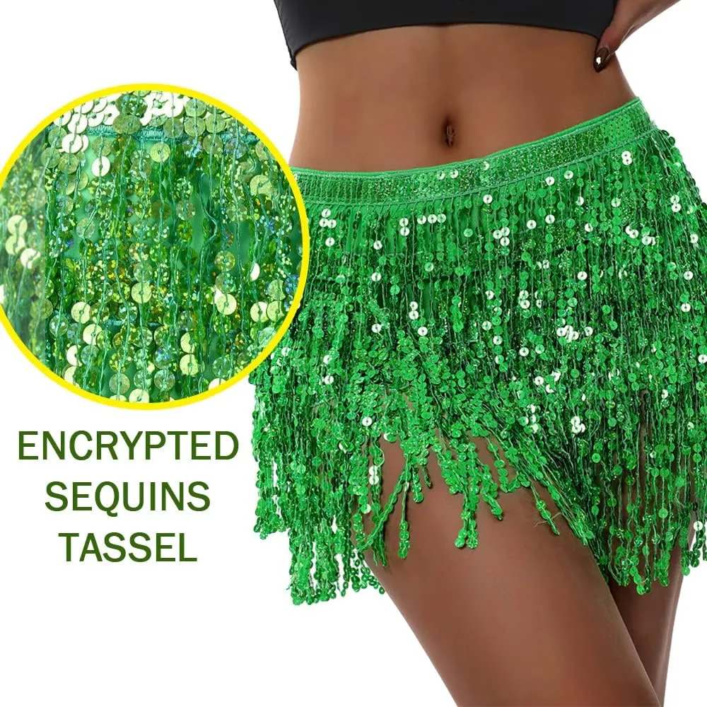Sequin Skirt - Sequin Skirt for Women Fringe Skirt Belly Dance Rave Disco Cowgirl Sparkle Skirt, with Sunglasses   Boa