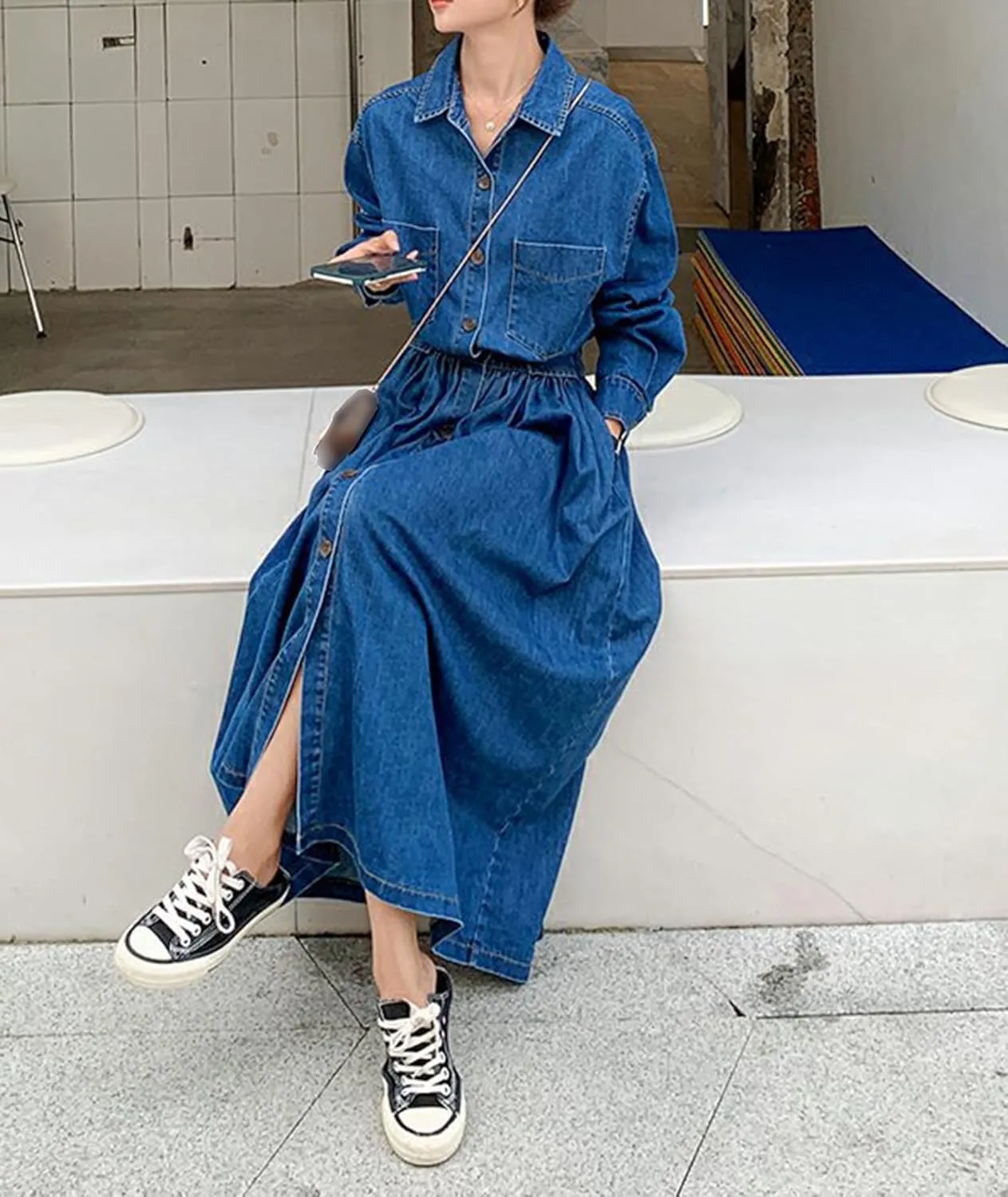 Sexyshine Women's Denim Dress Lapel Button Down Long Sleeve A Line Jeans Maxi Dress Plus Size Denim Shirt Dress with Pockets