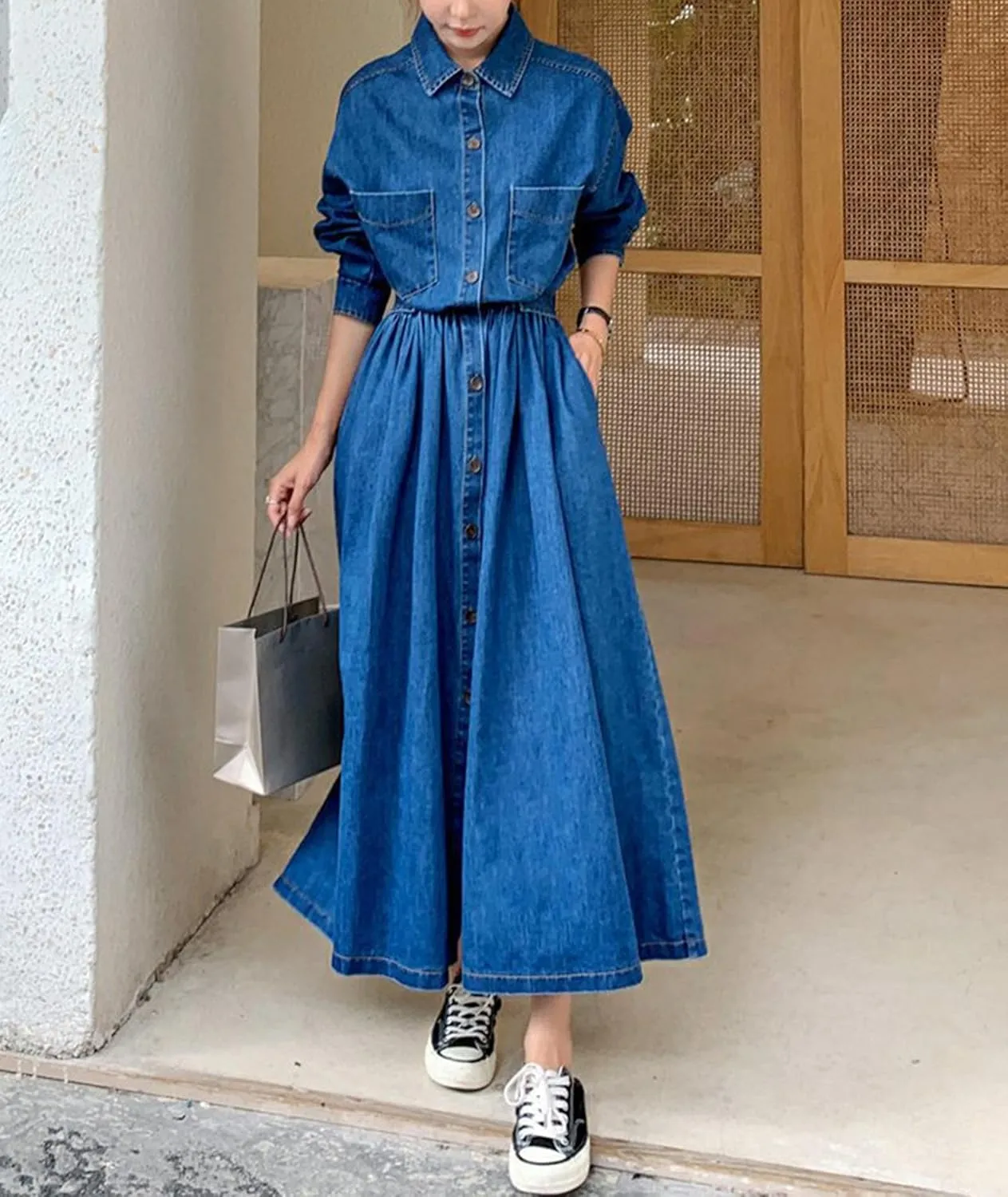 Sexyshine Women's Denim Dress Lapel Button Down Long Sleeve A Line Jeans Maxi Dress Plus Size Denim Shirt Dress with Pockets