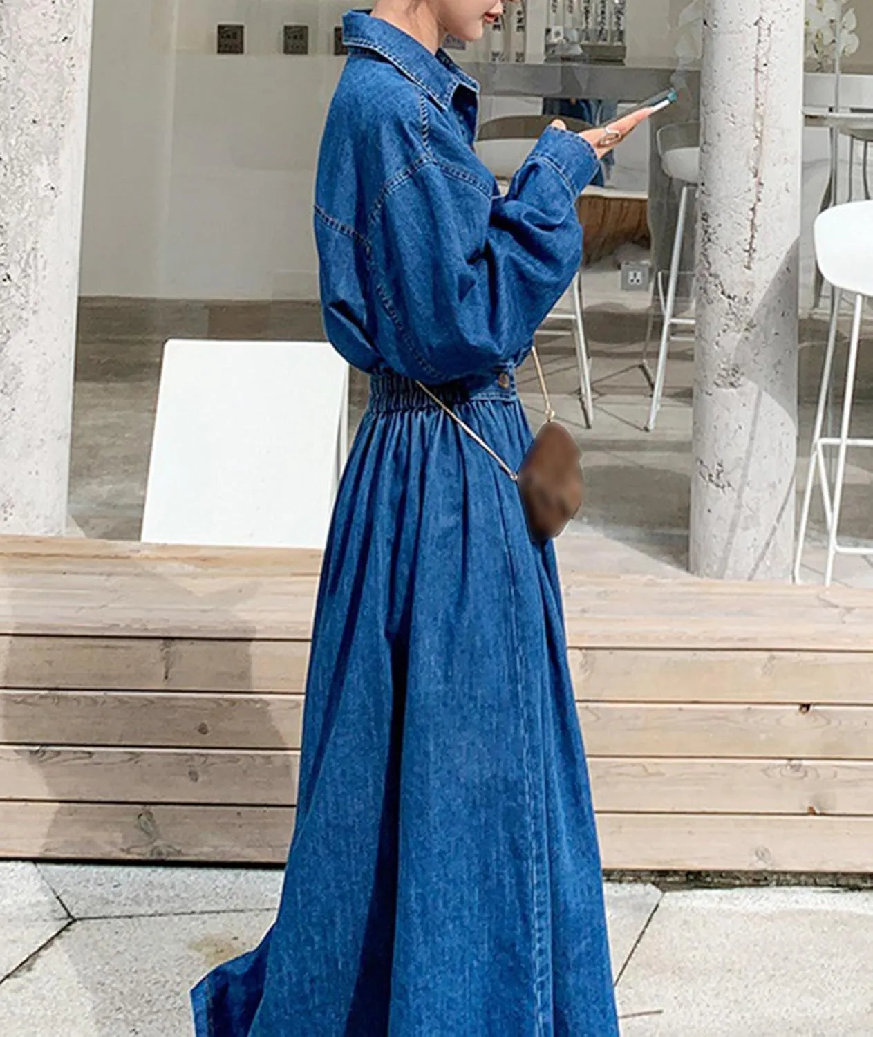 Sexyshine Women's Denim Dress Lapel Button Down Long Sleeve A Line Jeans Maxi Dress Plus Size Denim Shirt Dress with Pockets