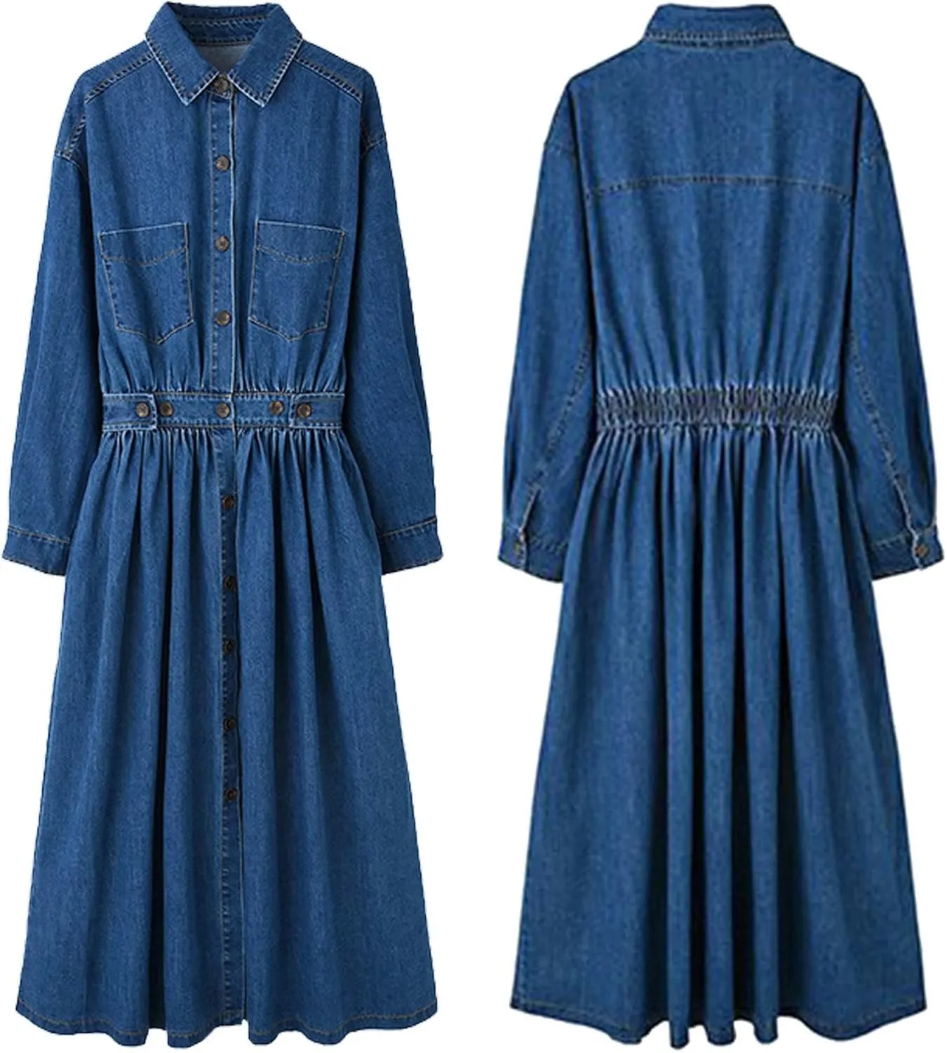 Sexyshine Women's Denim Dress Lapel Button Down Long Sleeve A Line Jeans Maxi Dress Plus Size Denim Shirt Dress with Pockets