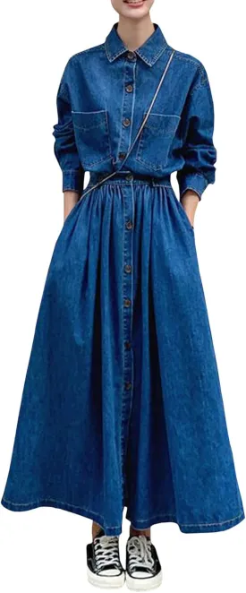 Sexyshine Women's Denim Dress Lapel Button Down Long Sleeve A Line Jeans Maxi Dress Plus Size Denim Shirt Dress with Pockets