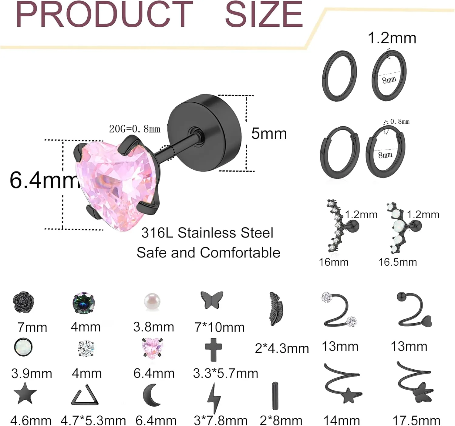 Staligue Surgical Steel Flat Back Earrings Set for Women Men Hypoallergenic 20G Stainless Steel Stud and Hoops Earrings for Sensitive Ears Small Cz Heart Star Moon Opal Cartilage Earrings