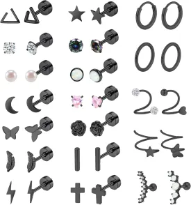 Staligue Surgical Steel Flat Back Earrings Set for Women Men Hypoallergenic 20G Stainless Steel Stud and Hoops Earrings for Sensitive Ears Small Cz Heart Star Moon Opal Cartilage Earrings