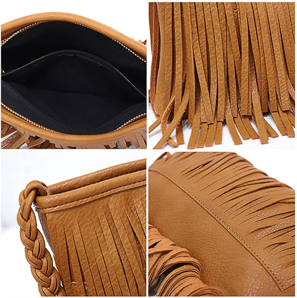 Stylish Fringe Crossbody Bag Bohemian Sling Bag Brown Lightweight Purse Hippie Small Shoulder bagTassel Leather