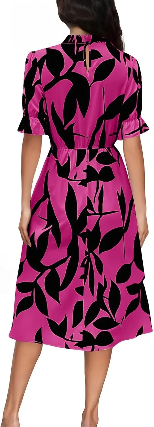 Summer Dresses for Women 2025 Vacation Crewneck Short Sleeve Floral Midi Dress Casual Flowy Summer Beach Dress