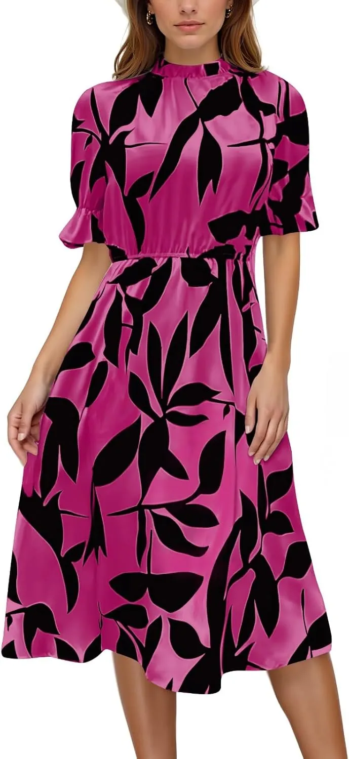 Summer Dresses for Women 2025 Vacation Crewneck Short Sleeve Floral Midi Dress Casual Flowy Summer Beach Dress