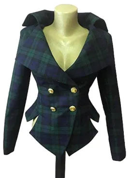 Tartan checked Navy Green tailored jacket, vintage style plaid jacket, Black Watch Check steampunk lady blazer