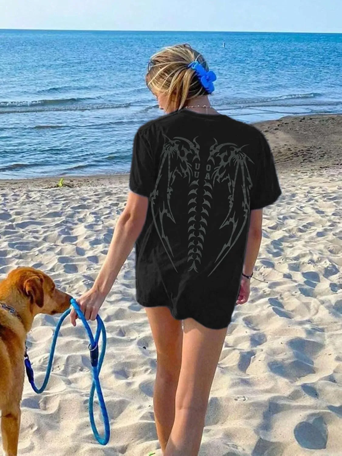 UOUA Women Oversized Graphic T-Shirt Casual Cotton Tees Printed Summer Tops