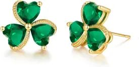 VONSSY Elegant Clover Stud Earrings | Emerald Green Gemstone Irish Shamrock Earrings | Platinum Gold Plated Chain | Meaningful Jewelry Gift for Women Mother Girlfriend