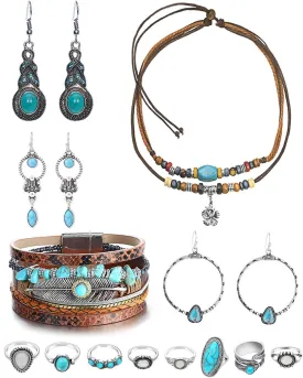 Western Jewelry Set for Women - Bohemian Turquoise Pendant Choker, Faux Leather Cuff Bracelet, Hoop Dangle Earrings, Opal Joint Knuckle Rings