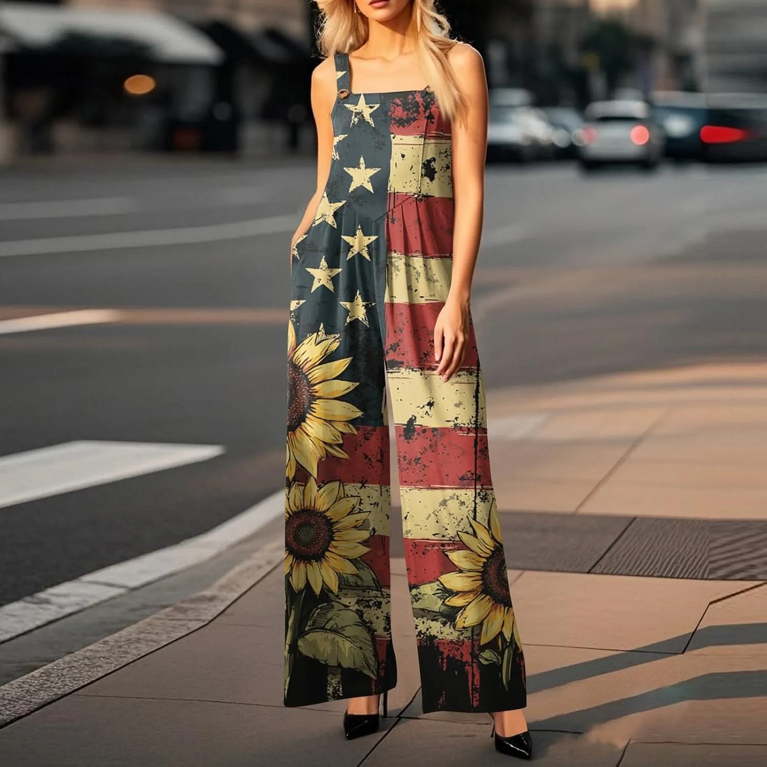 Womens 4th Of July Plus Size Wide Leg Overalls with Buttons Sunflower Stars and Stripes Country Concert Outfits Jumpsuit