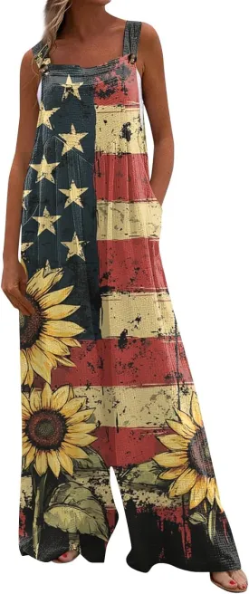Womens 4th Of July Plus Size Wide Leg Overalls with Buttons Sunflower Stars and Stripes Country Concert Outfits Jumpsuit