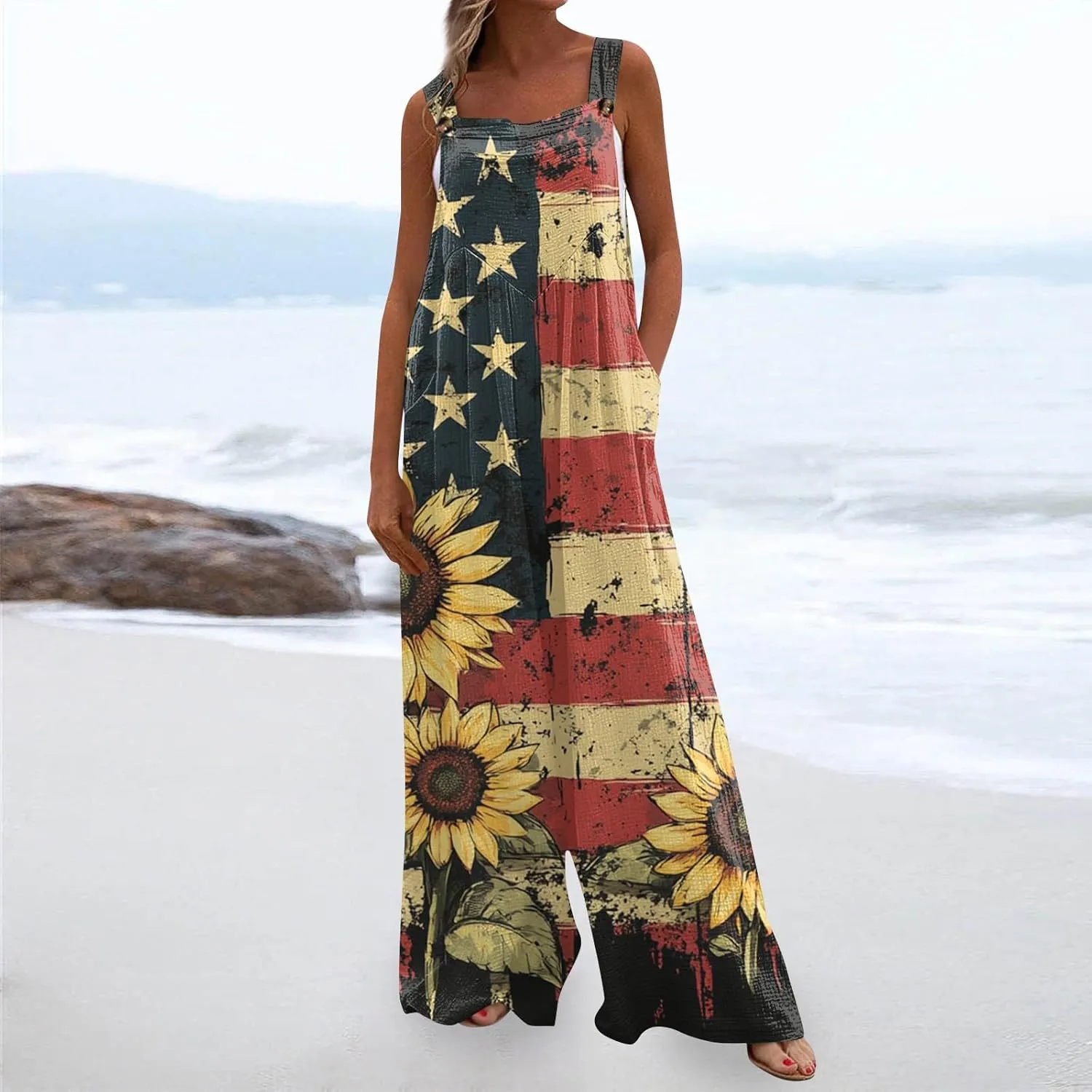 Womens 4th Of July Plus Size Wide Leg Overalls with Buttons Sunflower Stars and Stripes Country Concert Outfits Jumpsuit