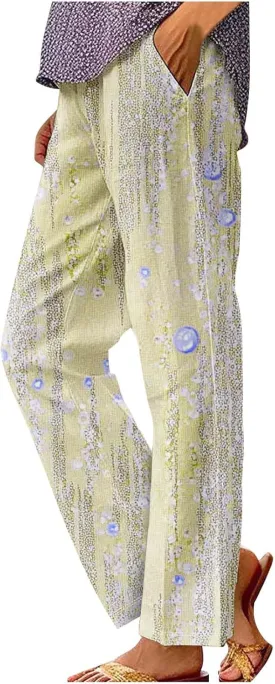 Womens Casual Pants Lightweight Summer Relax Fit Fashion Floral Print Elastic Waist Plus Size Lounge Long Trousers