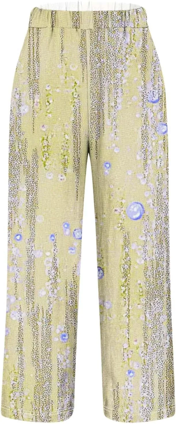 Womens Casual Pants Lightweight Summer Relax Fit Fashion Floral Print Elastic Waist Plus Size Lounge Long Trousers