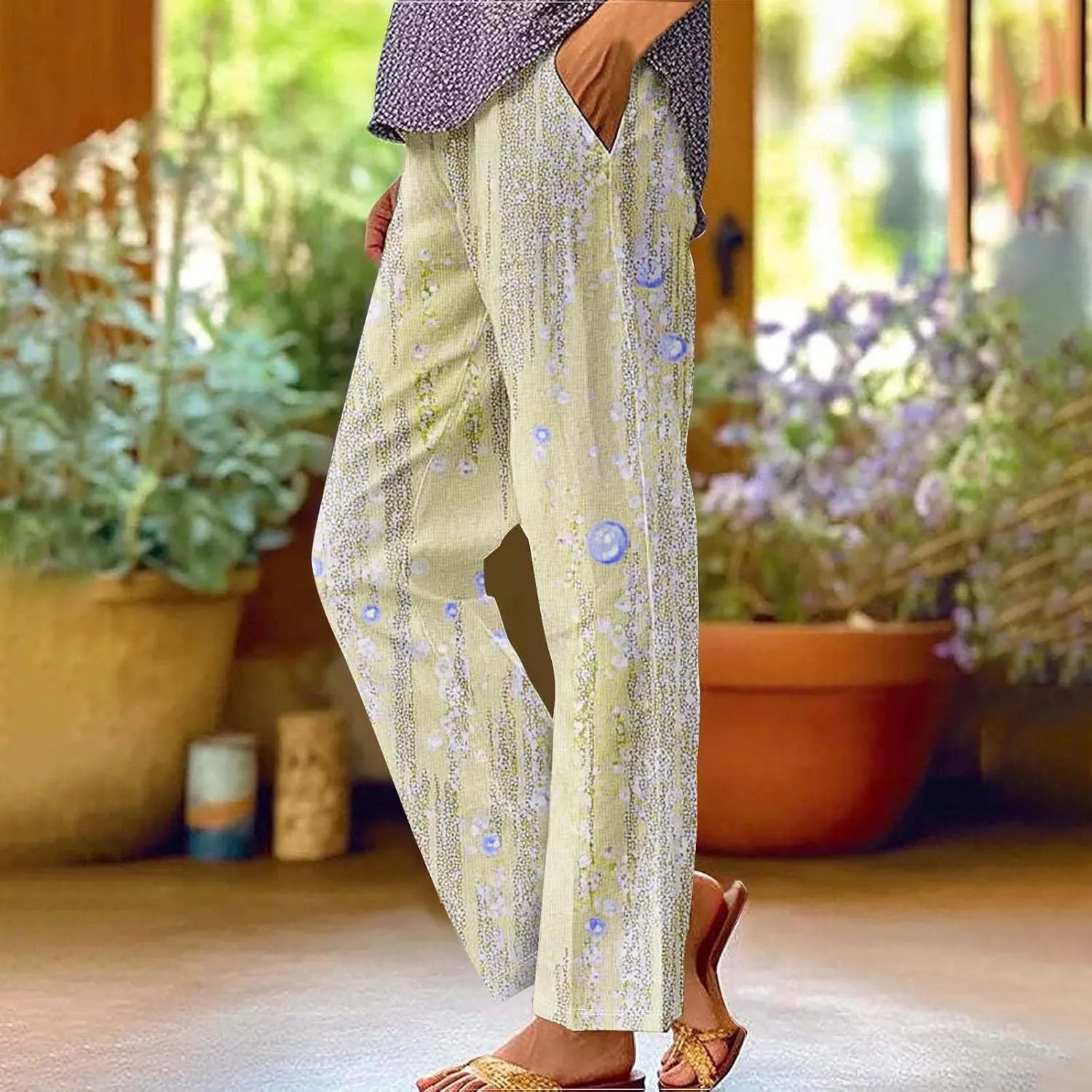 Womens Casual Pants Lightweight Summer Relax Fit Fashion Floral Print Elastic Waist Plus Size Lounge Long Trousers