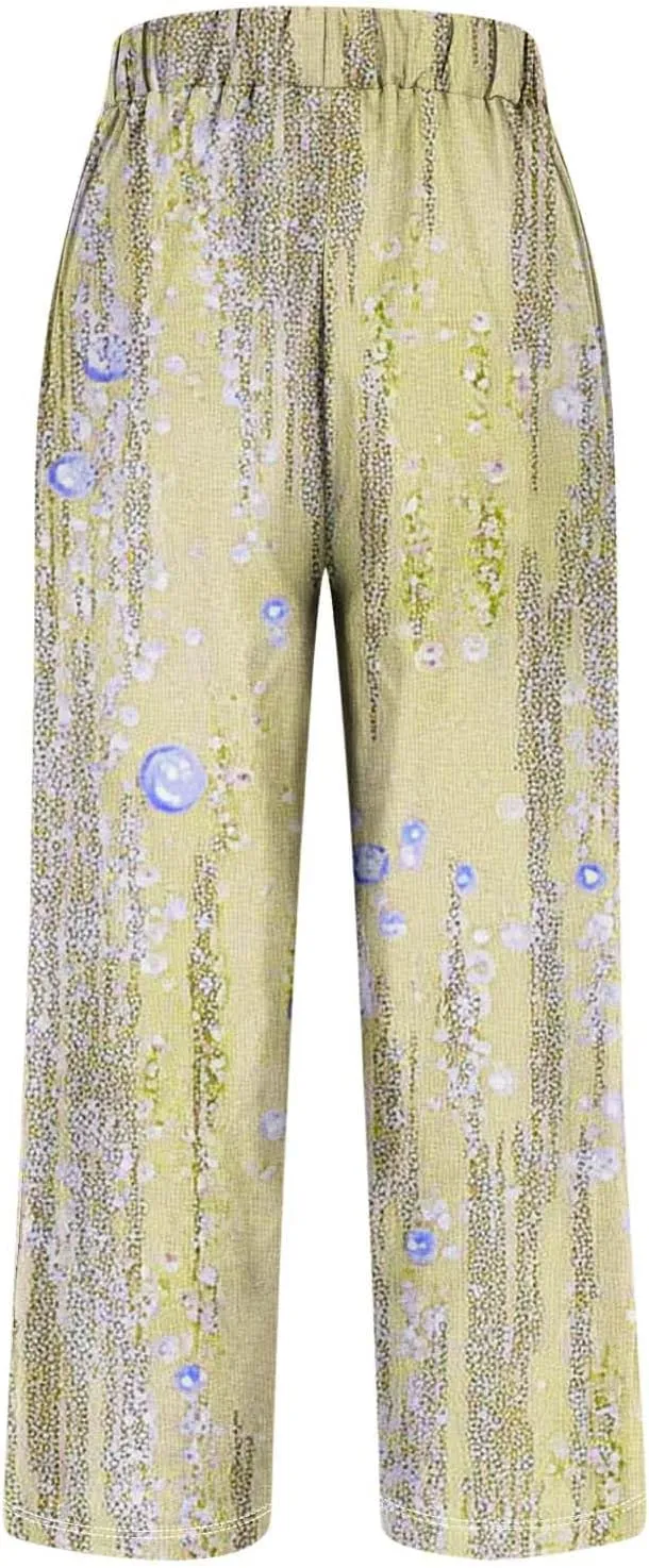 Womens Casual Pants Lightweight Summer Relax Fit Fashion Floral Print Elastic Waist Plus Size Lounge Long Trousers