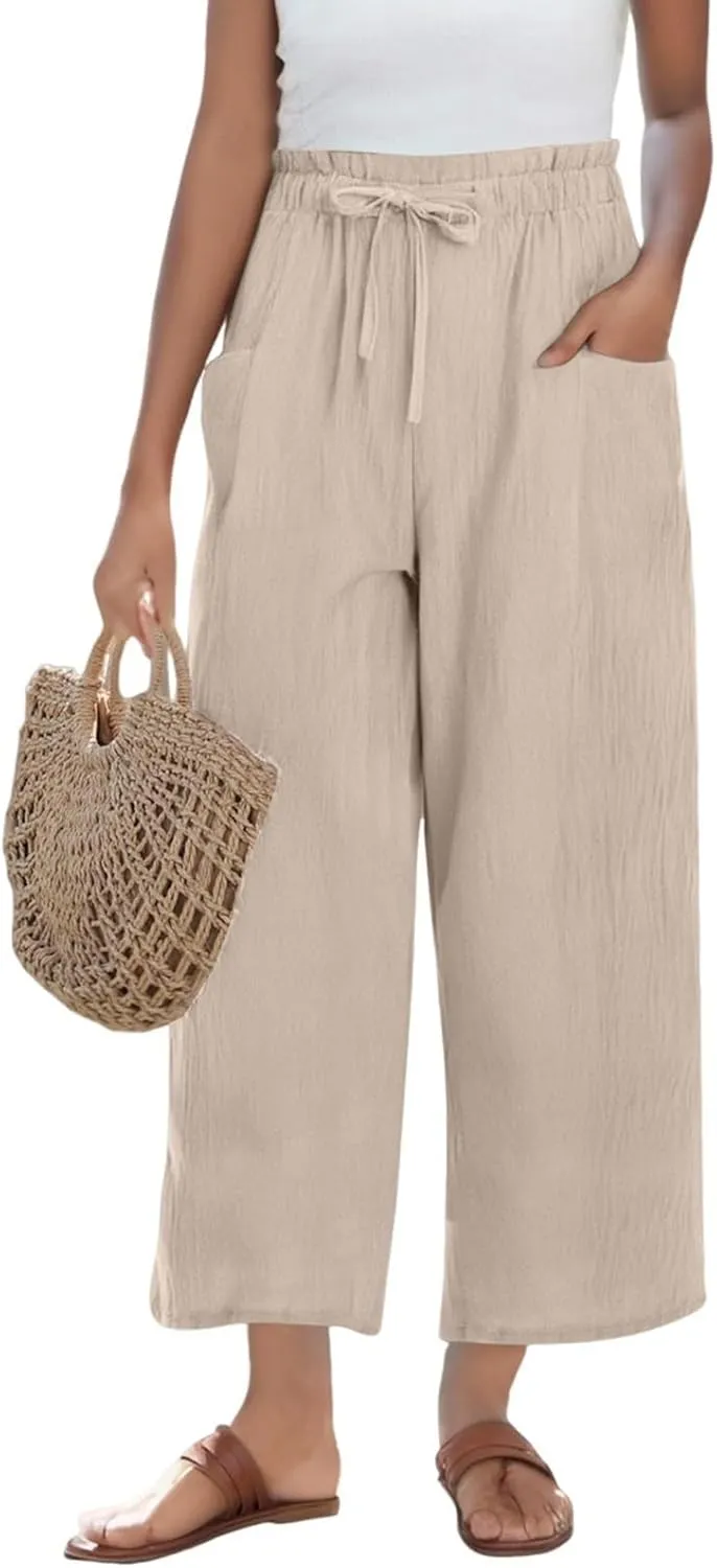 Womens Linen Pants 2025 High Waist Elastic Straight Leg Pant Casual Loose Lightweight Summer Beach Trousers