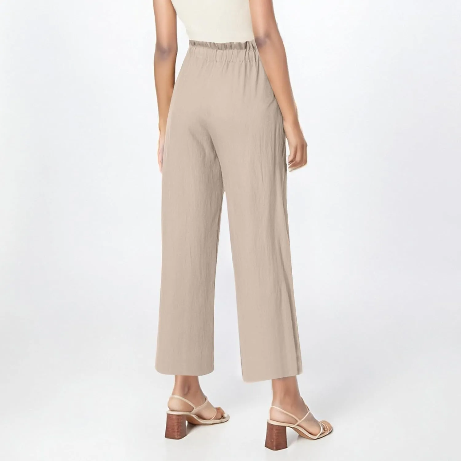 Womens Linen Pants 2025 High Waist Elastic Straight Leg Pant Casual Loose Lightweight Summer Beach Trousers
