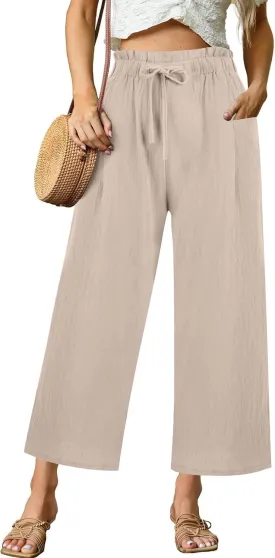 Womens Linen Pants 2025 High Waist Elastic Straight Leg Pant Casual Loose Lightweight Summer Beach Trousers