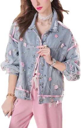 Women's Loose Denim Jacket Embroidered Mesh Overlay Vintage Button-Up Denim Coat