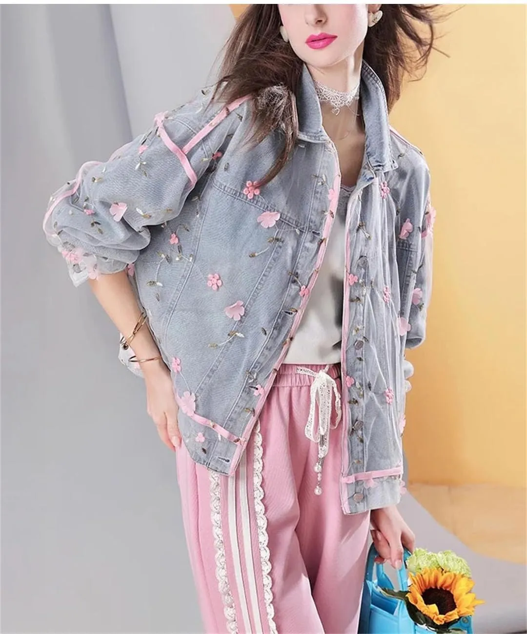Women's Loose Denim Jacket Embroidered Mesh Overlay Vintage Button-Up Denim Coat